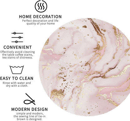 Pink White Marble Drink Coasters for Coffee Table, Portable Non-Slip Leather Gold Glitter Texture Coaster for Kitchen Living Room Office Kinds of Cups Home Decor Bar Round Coasters(Round,6 pcs)