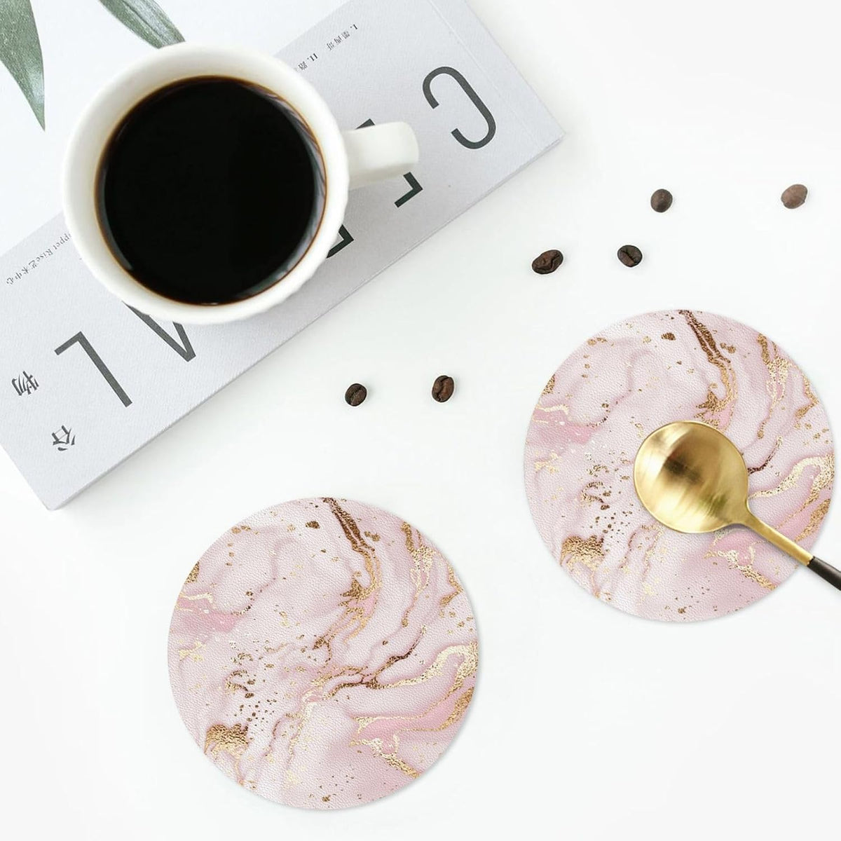 Pink White Marble Drink Coasters for Coffee Table, Portable Non-Slip Leather Gold Glitter Texture Coaster for Kitchen Living Room Office Kinds of Cups Home Decor Bar Round Coasters(Round,6 pcs)