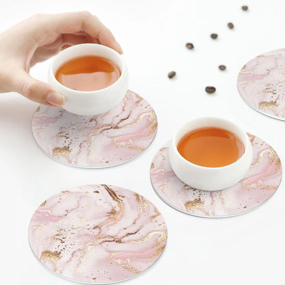 Pink White Marble Drink Coasters for Coffee Table, Portable Non-Slip Leather Gold Glitter Texture Coaster for Kitchen Living Room Office Kinds of Cups Home Decor Bar Round Coasters(Round,6 pcs)