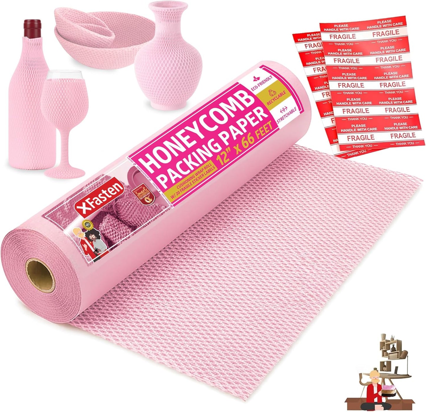 Pink Honeycomb Packing Paper for Moving 12-Inch x 66-Feet Bubble Honeycomb Wrap, Honeycomb Wrapping Paper for Packing Cushion with 20 Fragile Stickers Packing Supplies