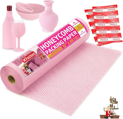 Pink Honeycomb Packing Paper for Moving 12-Inch x 66-Feet Bubble Honeycomb Wrap, Honeycomb Wrapping Paper for Packing Cushion with 20 Fragile Stickers Packing Supplies
