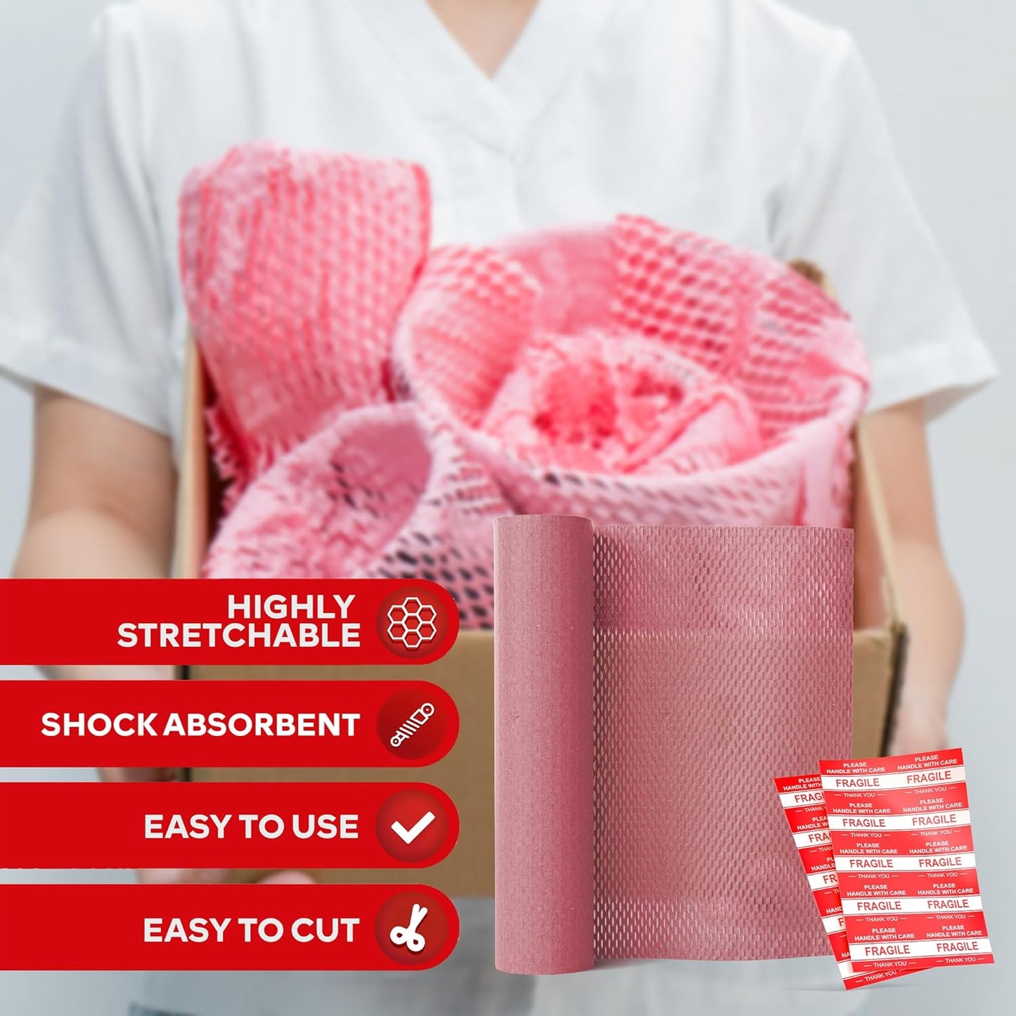 Pink Honeycomb Packing Paper for Moving 12-Inch x 66-Feet Bubble Honeycomb Wrap, Honeycomb Wrapping Paper for Packing Cushion with 20 Fragile Stickers Packing Supplies