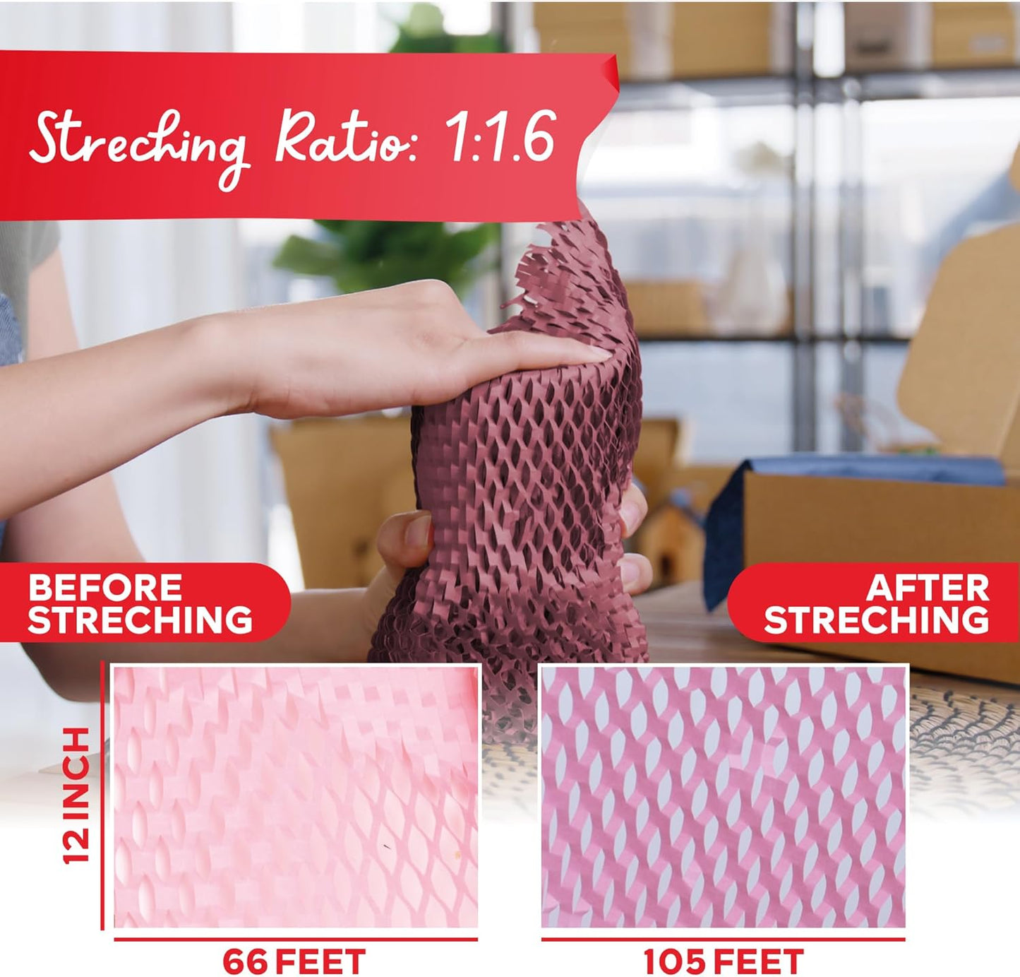 Pink Honeycomb Packing Paper for Moving 12-Inch x 66-Feet Bubble Honeycomb Wrap, Honeycomb Wrapping Paper for Packing Cushion with 20 Fragile Stickers Packing Supplies