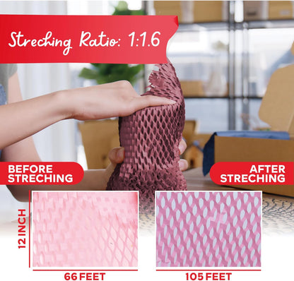 Pink Honeycomb Packing Paper for Moving 12-Inch x 66-Feet Bubble Honeycomb Wrap, Honeycomb Wrapping Paper for Packing Cushion with 20 Fragile Stickers Packing Supplies