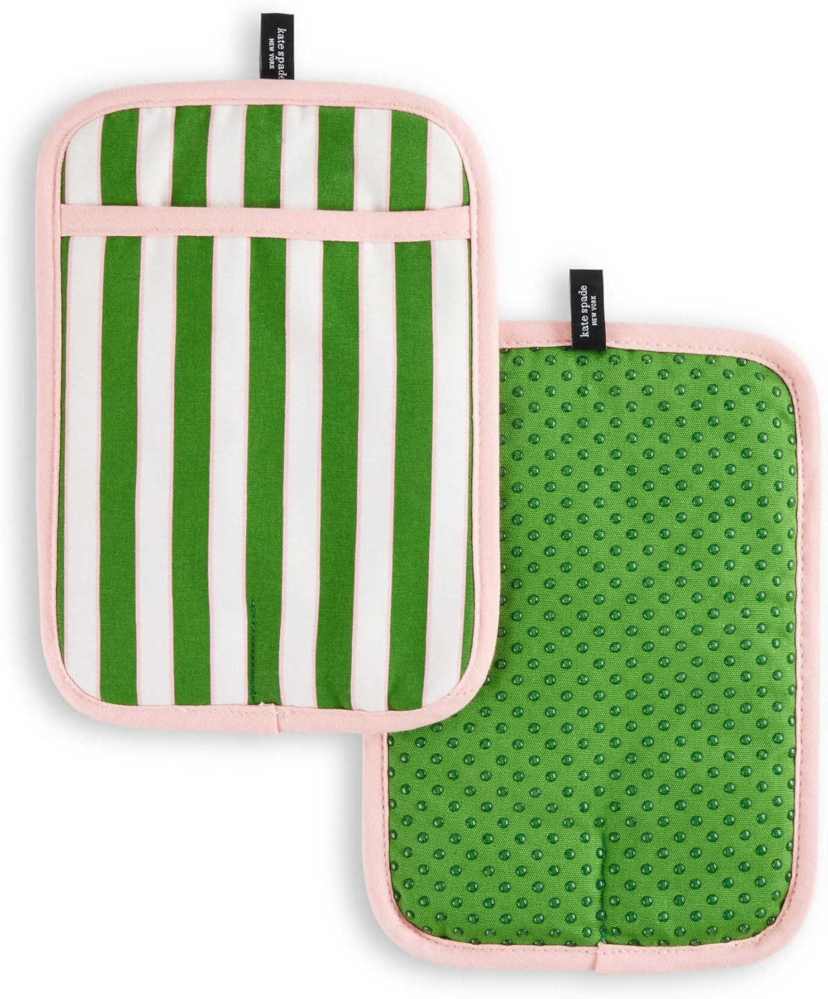 Botanical Stripe Pot Holder 2-Pack Set, 7" x 10", Green/Pink