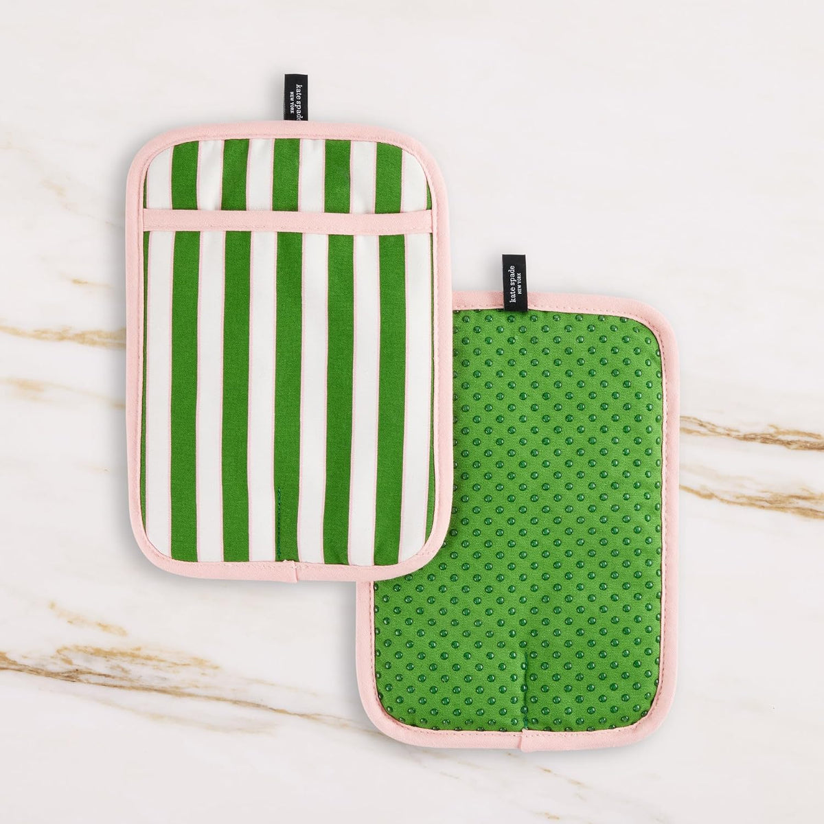 Botanical Stripe Pot Holder 2-Pack Set, 7" x 10", Green/Pink
