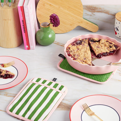Botanical Stripe Pot Holder 2-Pack Set, 7" x 10", Green/Pink