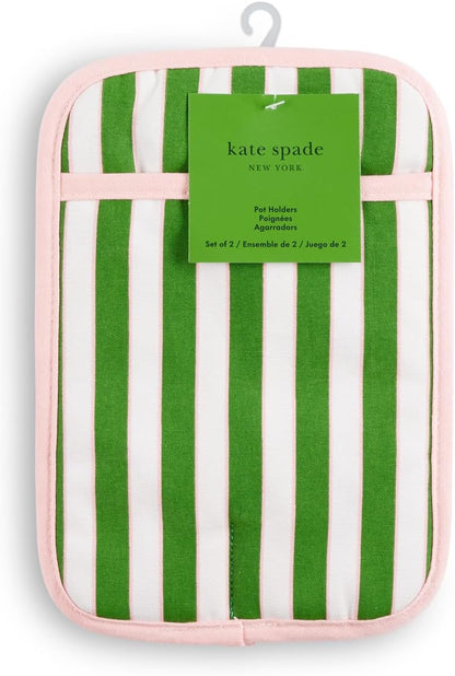 Botanical Stripe Pot Holder 2-Pack Set, 7" x 10", Green/Pink