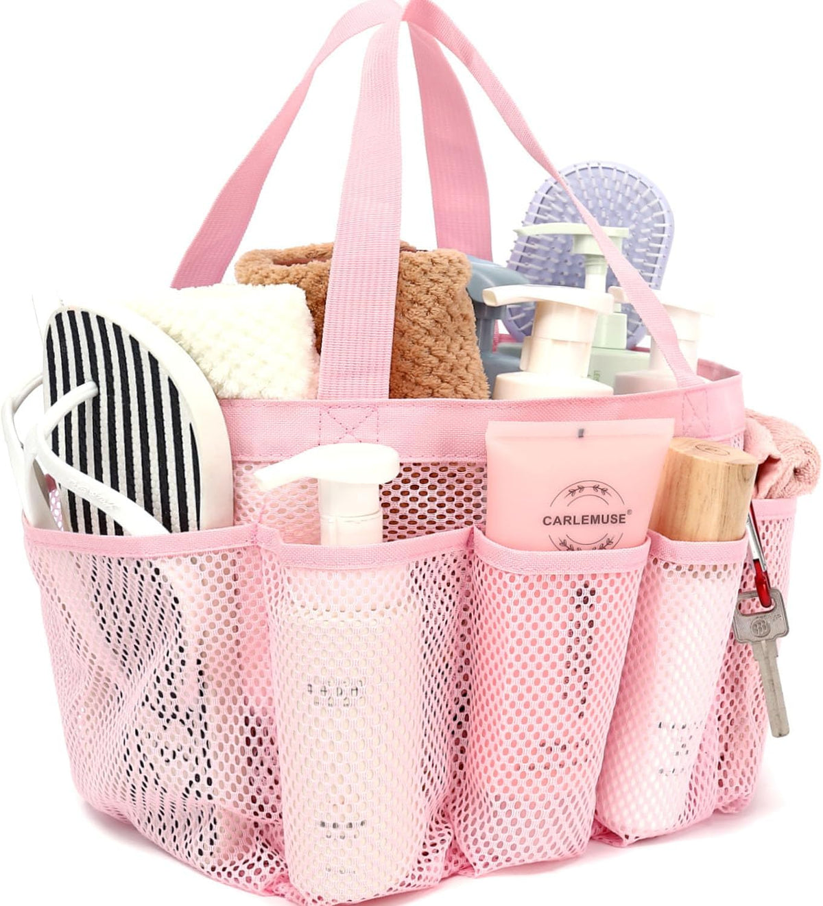 Mesh Shower Caddy Portable for College Dorm, Quick Dry Hanging Shower Bag with 8 Pockets, Bathroom Tote Organizer for Gym, Travel, Camping, Pink