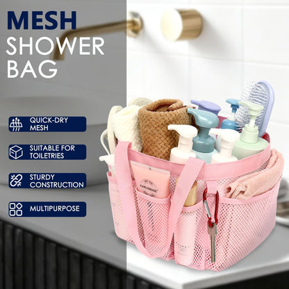 Mesh Shower Caddy Portable for College Dorm, Quick Dry Hanging Shower Bag with 8 Pockets, Bathroom Tote Organizer for Gym, Travel, Camping, Pink