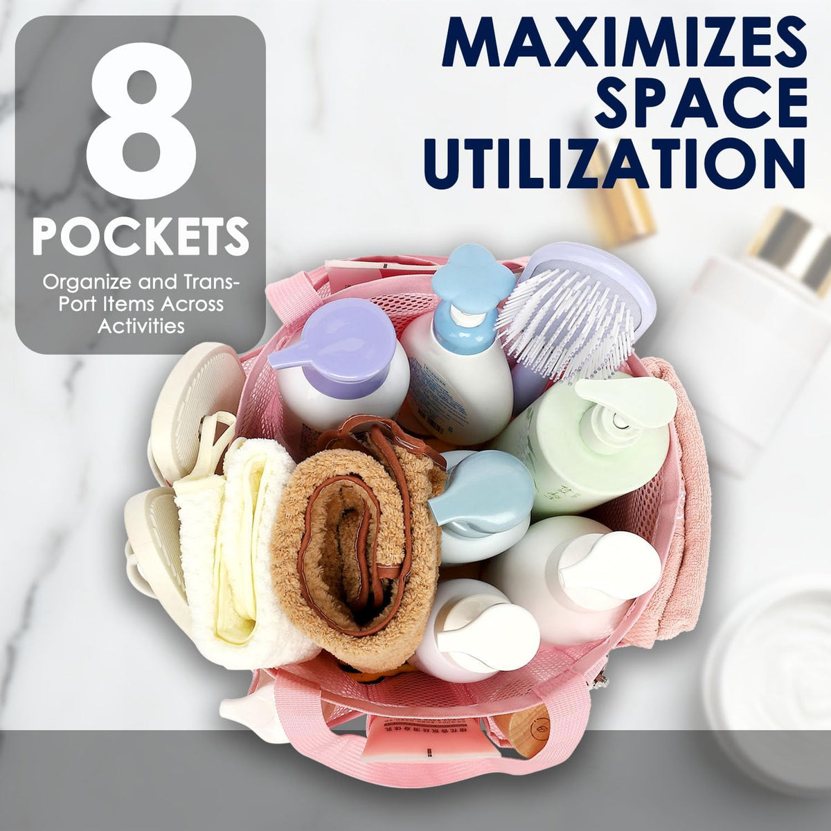 Mesh Shower Caddy Portable for College Dorm, Quick Dry Hanging Shower Bag with 8 Pockets, Bathroom Tote Organizer for Gym, Travel, Camping, Pink
