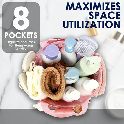 Mesh Shower Caddy Portable for College Dorm, Quick Dry Hanging Shower Bag with 8 Pockets, Bathroom Tote Organizer for Gym, Travel, Camping, Pink
