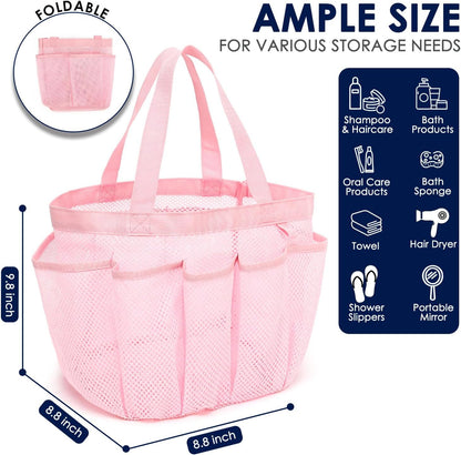 Mesh Shower Caddy Portable for College Dorm, Quick Dry Hanging Shower Bag with 8 Pockets, Bathroom Tote Organizer for Gym, Travel, Camping, Pink