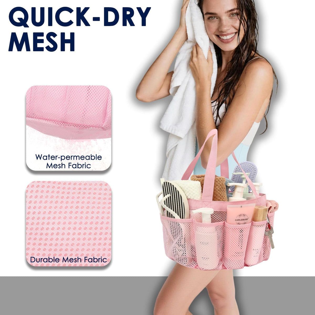 Mesh Shower Caddy Portable for College Dorm, Quick Dry Hanging Shower Bag with 8 Pockets, Bathroom Tote Organizer for Gym, Travel, Camping, Pink