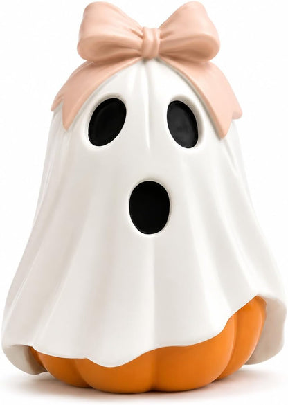 Halloween Ghost Pumpkin Figurine, Cute Resin Ghost Decoration with Pink Bow for Fall Tabletop Home Decor (White Ghost Pumpkin)