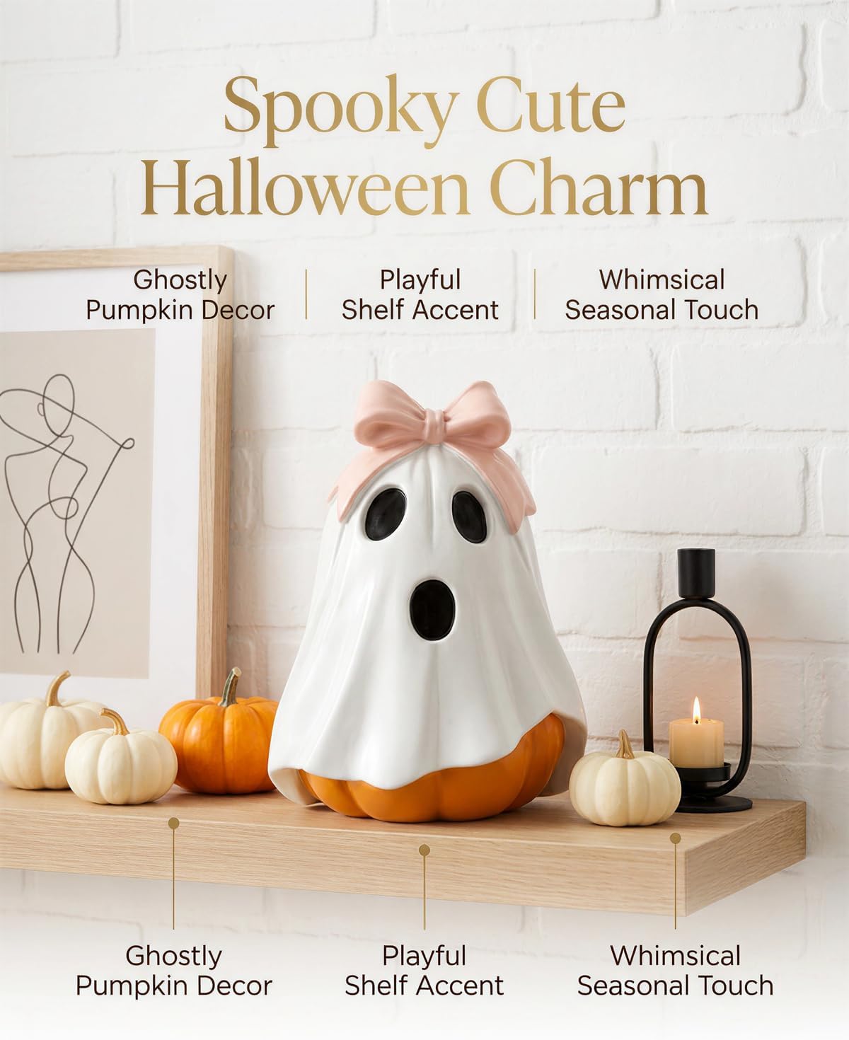 Halloween Ghost Pumpkin Figurine, Cute Resin Ghost Decoration with Pink Bow for Fall Tabletop Home Decor (White Ghost Pumpkin)