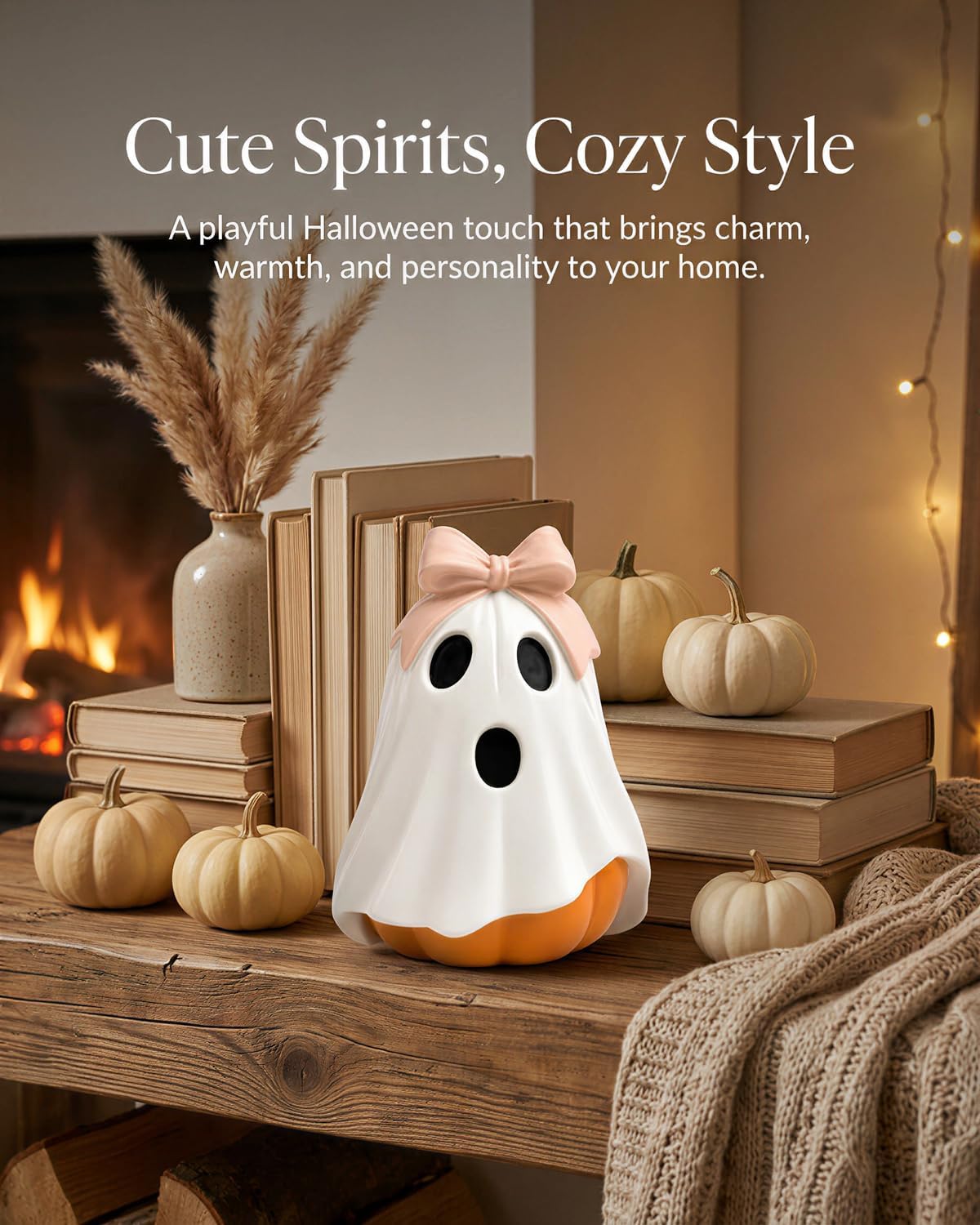 Halloween Ghost Pumpkin Figurine, Cute Resin Ghost Decoration with Pink Bow for Fall Tabletop Home Decor (White Ghost Pumpkin)