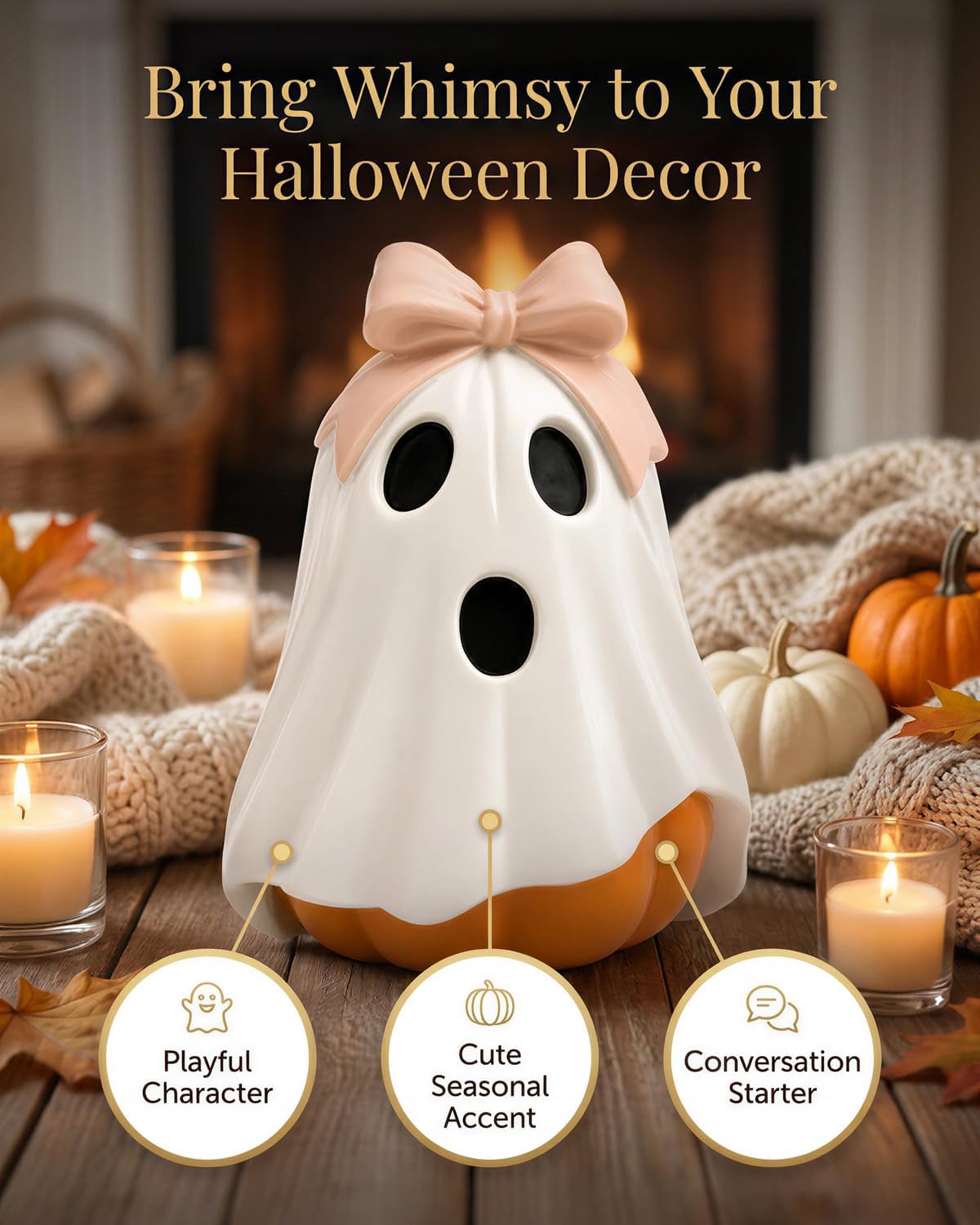 Halloween Ghost Pumpkin Figurine, Cute Resin Ghost Decoration with Pink Bow for Fall Tabletop Home Decor (White Ghost Pumpkin)