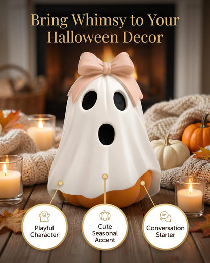 Halloween Ghost Pumpkin Figurine, Cute Resin Ghost Decoration with Pink Bow for Fall Tabletop Home Decor (White Ghost Pumpkin)