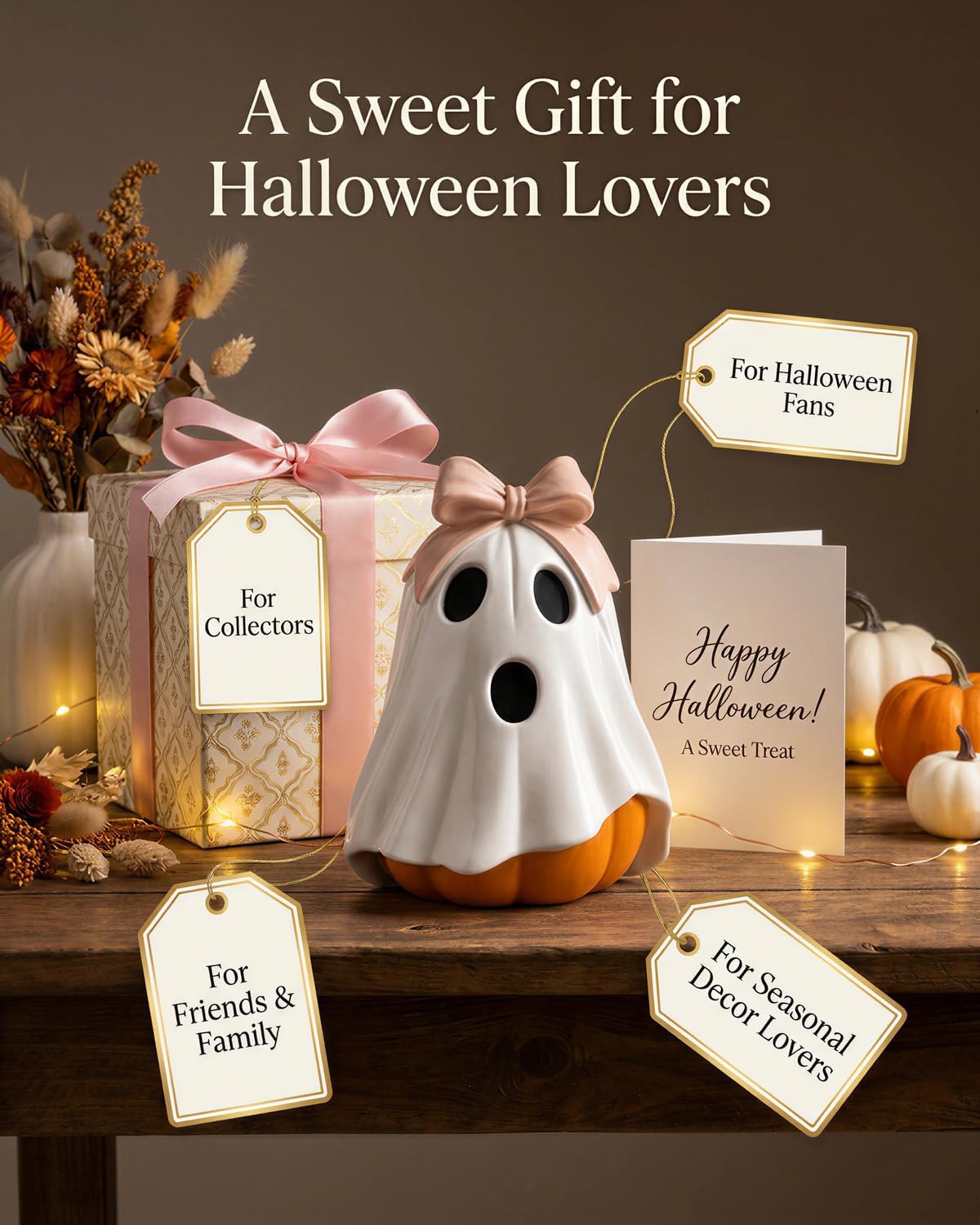 Halloween Ghost Pumpkin Figurine, Cute Resin Ghost Decoration with Pink Bow for Fall Tabletop Home Decor (White Ghost Pumpkin)