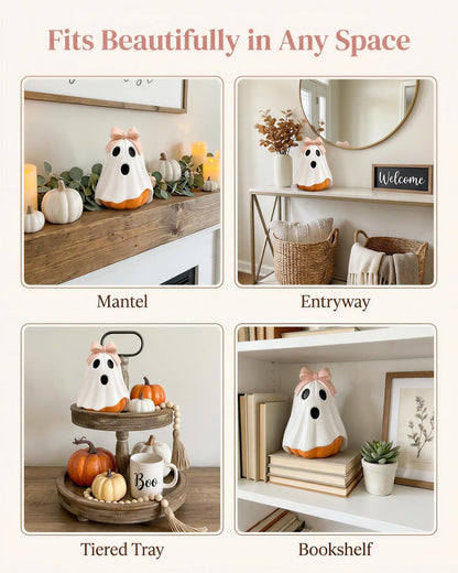 Halloween Ghost Pumpkin Figurine, Cute Resin Ghost Decoration with Pink Bow for Fall Tabletop Home Decor (White Ghost Pumpkin)