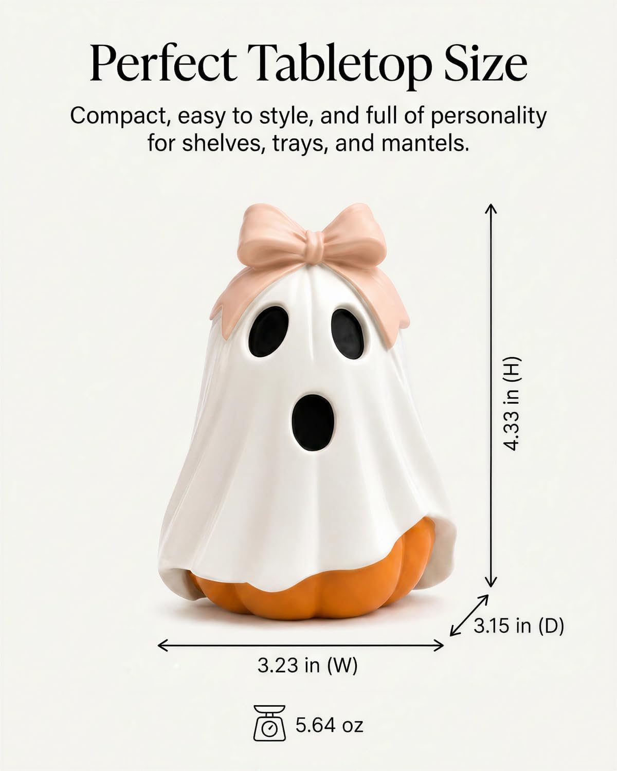 Halloween Ghost Pumpkin Figurine, Cute Resin Ghost Decoration with Pink Bow for Fall Tabletop Home Decor (White Ghost Pumpkin)