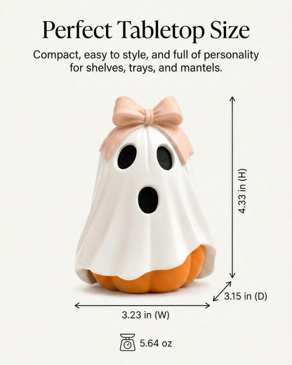 Halloween Ghost Pumpkin Figurine, Cute Resin Ghost Decoration with Pink Bow for Fall Tabletop Home Decor (White Ghost Pumpkin)