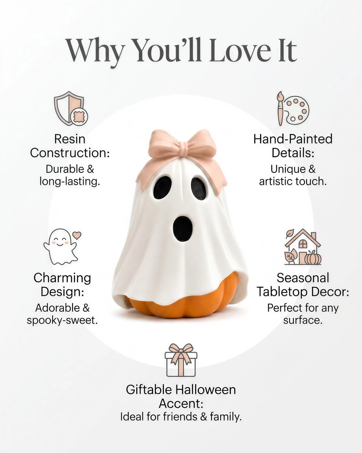 Halloween Ghost Pumpkin Figurine, Cute Resin Ghost Decoration with Pink Bow for Fall Tabletop Home Decor (White Ghost Pumpkin)