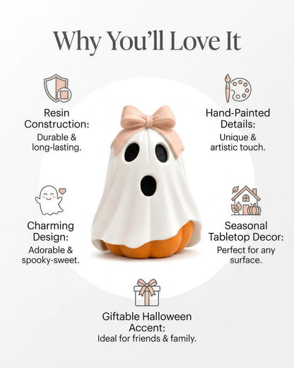Halloween Ghost Pumpkin Figurine, Cute Resin Ghost Decoration with Pink Bow for Fall Tabletop Home Decor (White Ghost Pumpkin)