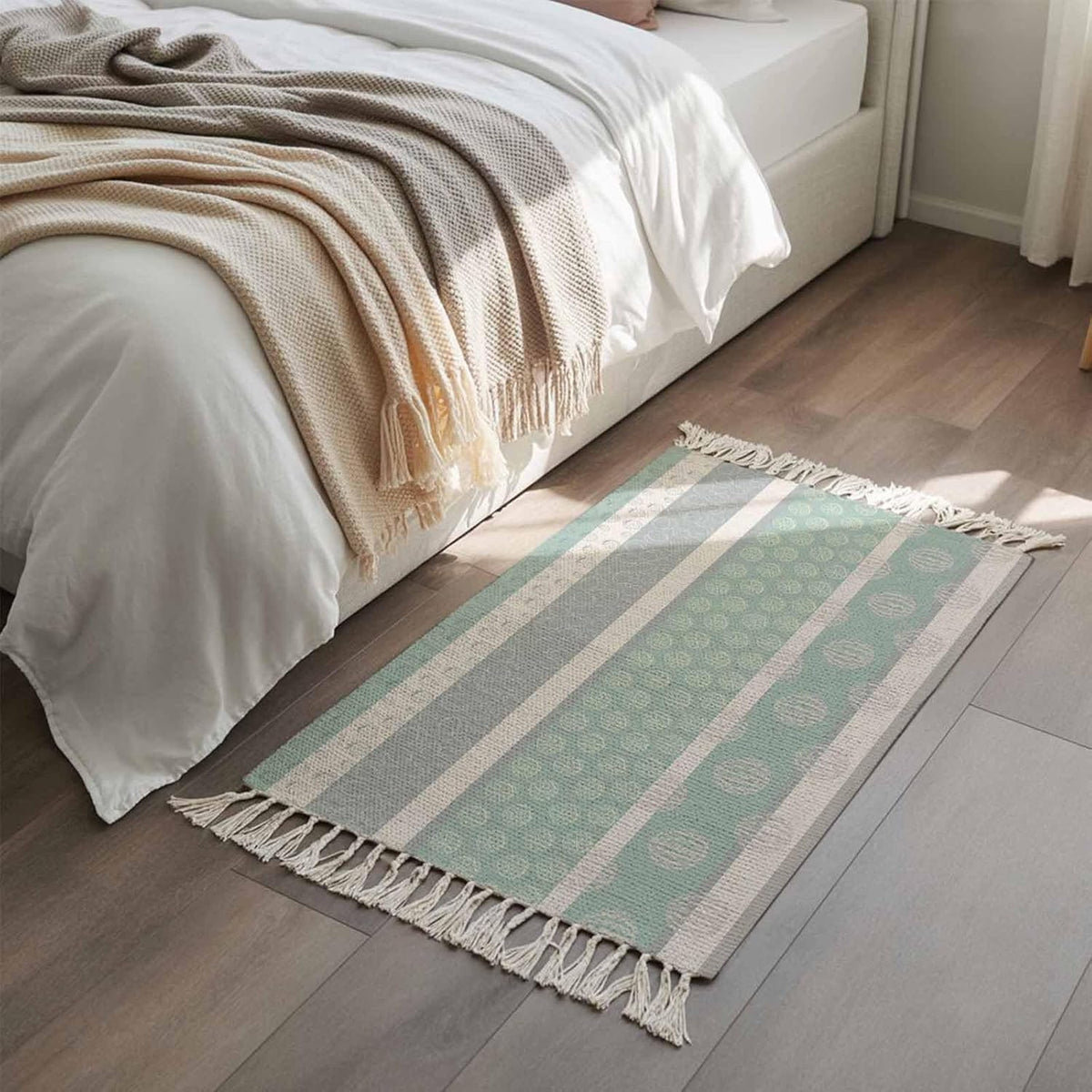 Farm Fruits Area Rug for Bedroom 3 x 5 Ft, Large Washable Throw Carpet, Watermelon Lemons Peach Pink Grey Striped Bathroom Mat with Tassels for Living Room Kitchen Office Dorm