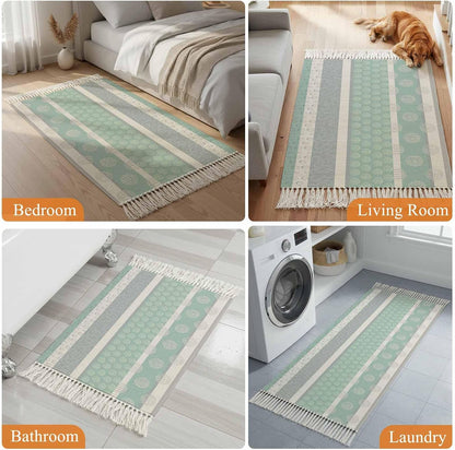 Farm Fruits Area Rug for Bedroom 3 x 5 Ft, Large Washable Throw Carpet, Watermelon Lemons Peach Pink Grey Striped Bathroom Mat with Tassels for Living Room Kitchen Office Dorm