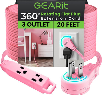 20 ft 360° Rotating Flat Plug Extension Cord, 3 Outlet Low Profile Power Cord, 16 AWG 13A 3 Prong Grounded Indoor Cord, ETL Listed, Space-Saving for Furniture, Pink