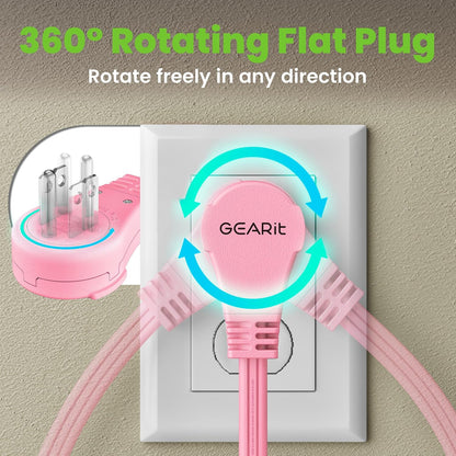 20 ft 360° Rotating Flat Plug Extension Cord, 3 Outlet Low Profile Power Cord, 16 AWG 13A 3 Prong Grounded Indoor Cord, ETL Listed, Space-Saving for Furniture, Pink