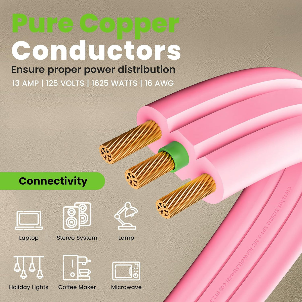 20 ft 360° Rotating Flat Plug Extension Cord, 3 Outlet Low Profile Power Cord, 16 AWG 13A 3 Prong Grounded Indoor Cord, ETL Listed, Space-Saving for Furniture, Pink