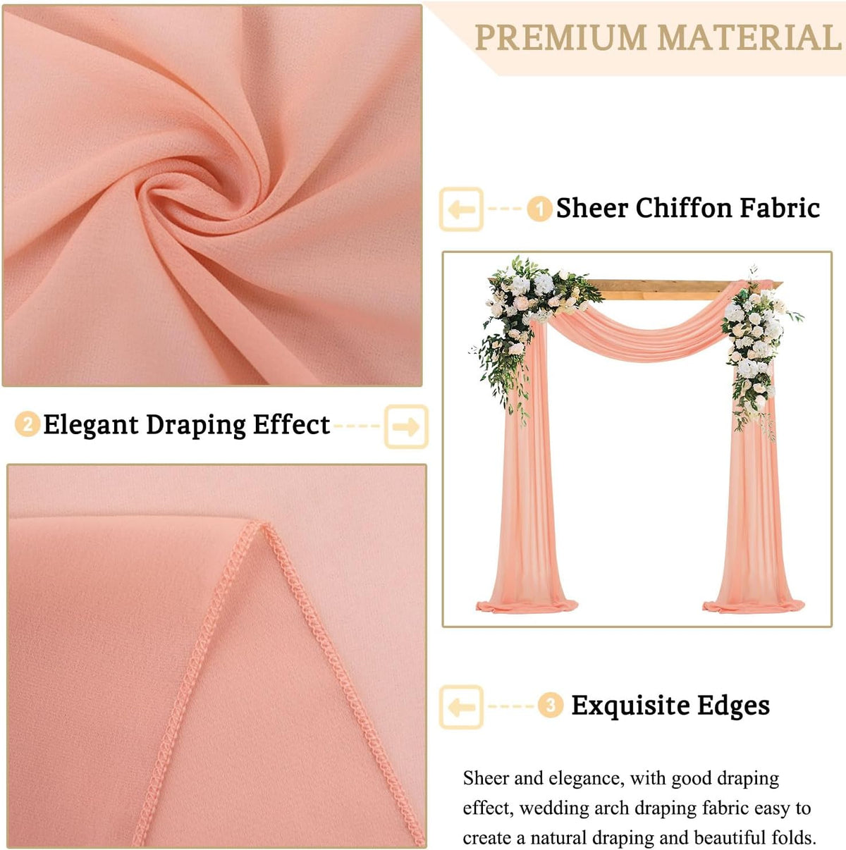 Wedding Arch Draping Fabric Peach Sheer Drapery Fabric Chiffon Backdrop Curtains for Party Wedding Chiffon Fabrics Drapes Curtain Semi Sheer Arbor Drapery for Ceremony Reception Swag Curtain