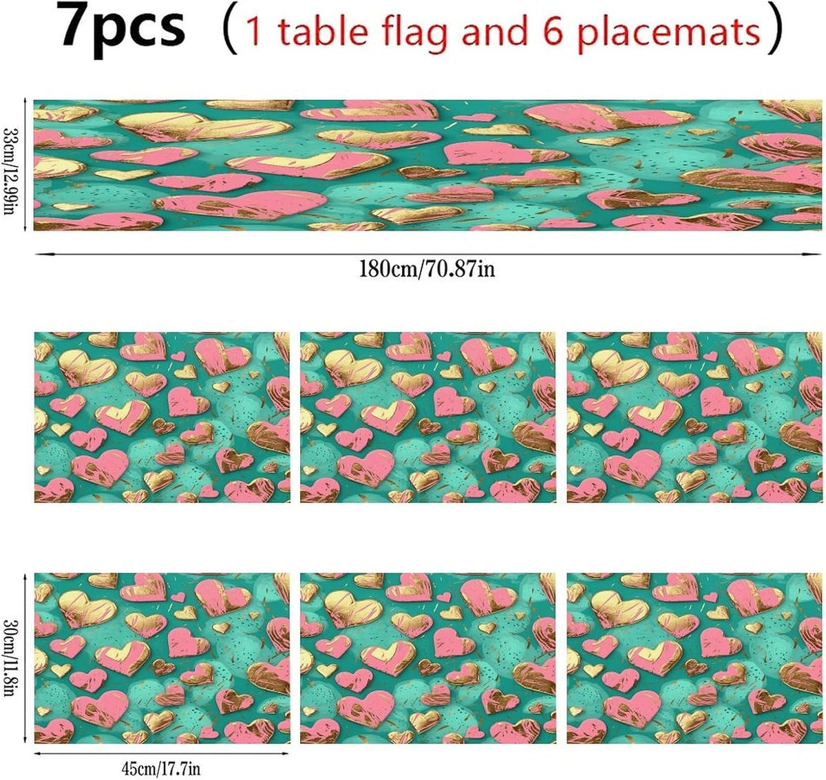 Peach Heart Pattern Placemats and Table Runner Set, Washable Linen Place Mats for Home Wedding Hotel Decoration (1 Table Runner and 6 Placemats)