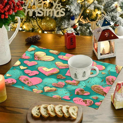 Peach Heart Pattern Placemats and Table Runner Set, Washable Linen Place Mats for Home Wedding Hotel Decoration (1 Table Runner and 6 Placemats)