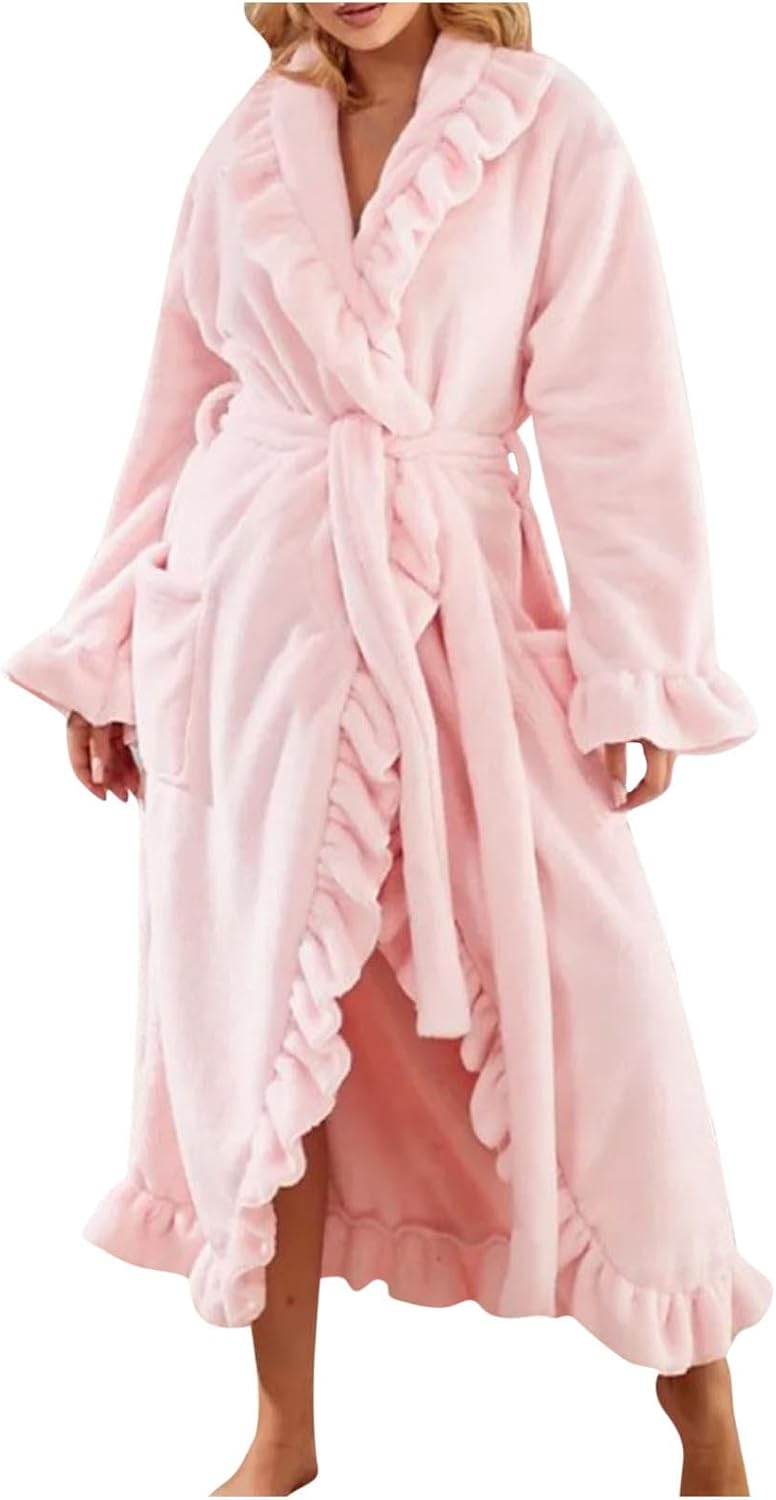 Cute Ruffle Fuzzy Robe for Women Plush Soft Long Sleeve Fluffy Warm Fleece Mid-Long Bathrobe with Pockets