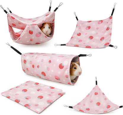 5 Pack Ferret Hammock, Rat Hammock, Washable Guinea Pig Hideout Bed, Soft Hanging Tunnel & Mat, Small Pet Cage Accessories for Chinchilla, Squirrel (Pink)