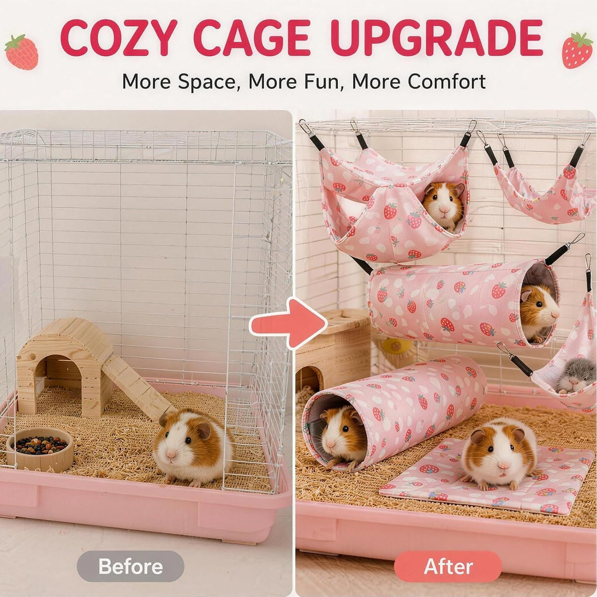 5 Pack Ferret Hammock, Rat Hammock, Washable Guinea Pig Hideout Bed, Soft Hanging Tunnel & Mat, Small Pet Cage Accessories for Chinchilla, Squirrel (Pink)