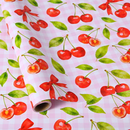 Cherry Wrapping Paper Roll - 17" x 16.5 ft - Pink Gingham with Red Cherries and Bows - Gift Wrap for Birthday, Party, Baby Shower, Sweet Themes(Cherry)