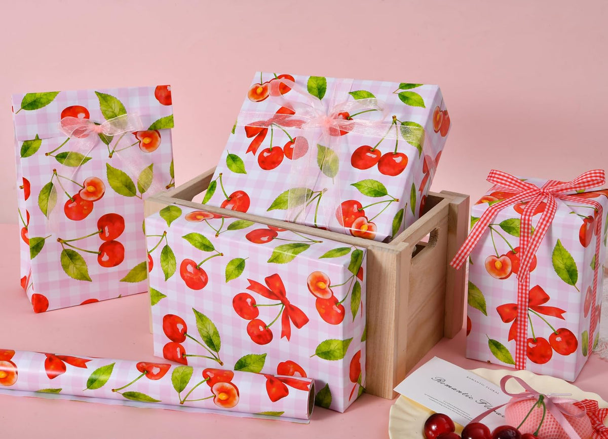 Cherry Wrapping Paper Roll - 17" x 16.5 ft - Pink Gingham with Red Cherries and Bows - Gift Wrap for Birthday, Party, Baby Shower, Sweet Themes(Cherry)