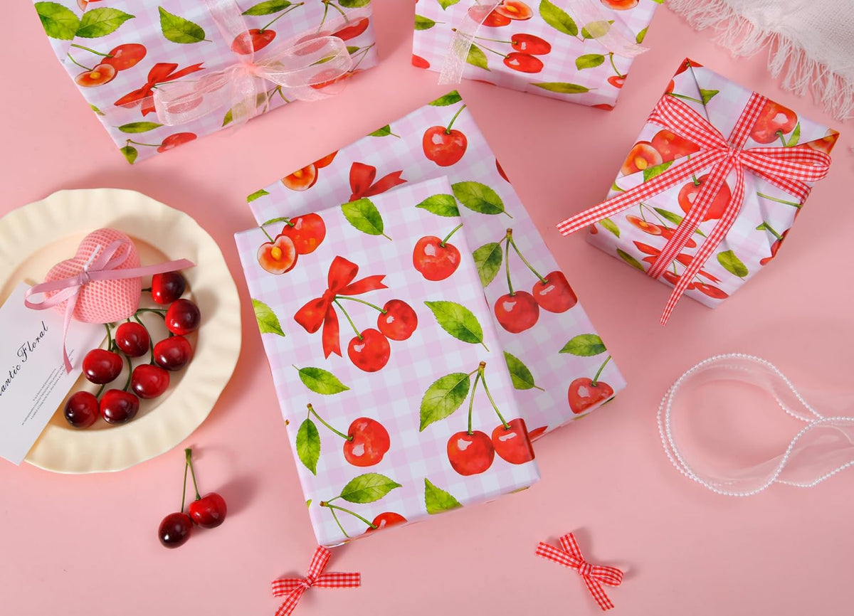 Cherry Wrapping Paper Roll - 17" x 16.5 ft - Pink Gingham with Red Cherries and Bows - Gift Wrap for Birthday, Party, Baby Shower, Sweet Themes(Cherry)