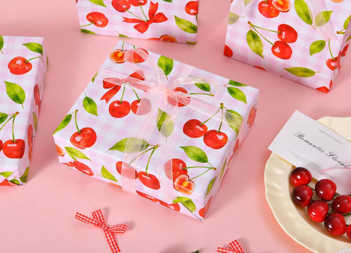 Cherry Wrapping Paper Roll - 17" x 16.5 ft - Pink Gingham with Red Cherries and Bows - Gift Wrap for Birthday, Party, Baby Shower, Sweet Themes(Cherry)