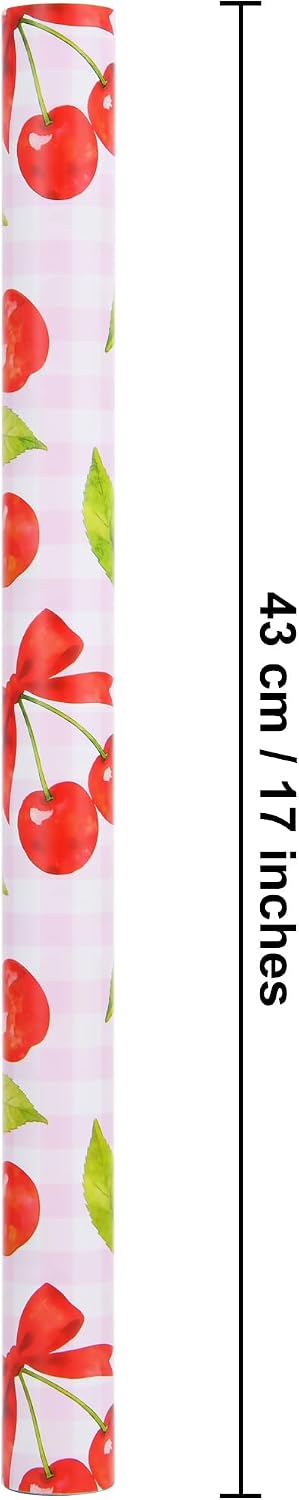 Cherry Wrapping Paper Roll - 17" x 16.5 ft - Pink Gingham with Red Cherries and Bows - Gift Wrap for Birthday, Party, Baby Shower, Sweet Themes(Cherry)