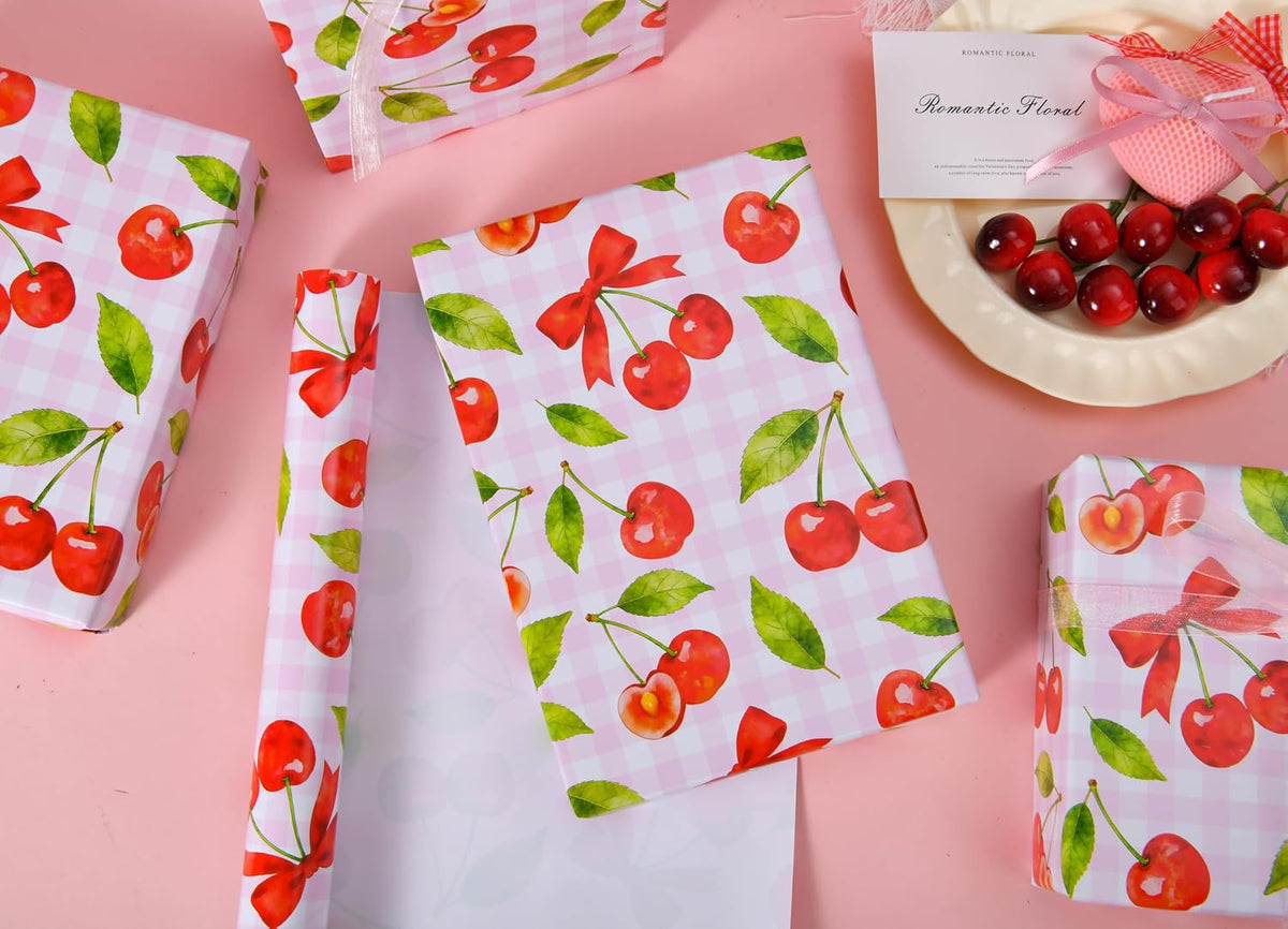 Cherry Wrapping Paper Roll - 17" x 16.5 ft - Pink Gingham with Red Cherries and Bows - Gift Wrap for Birthday, Party, Baby Shower, Sweet Themes(Cherry)