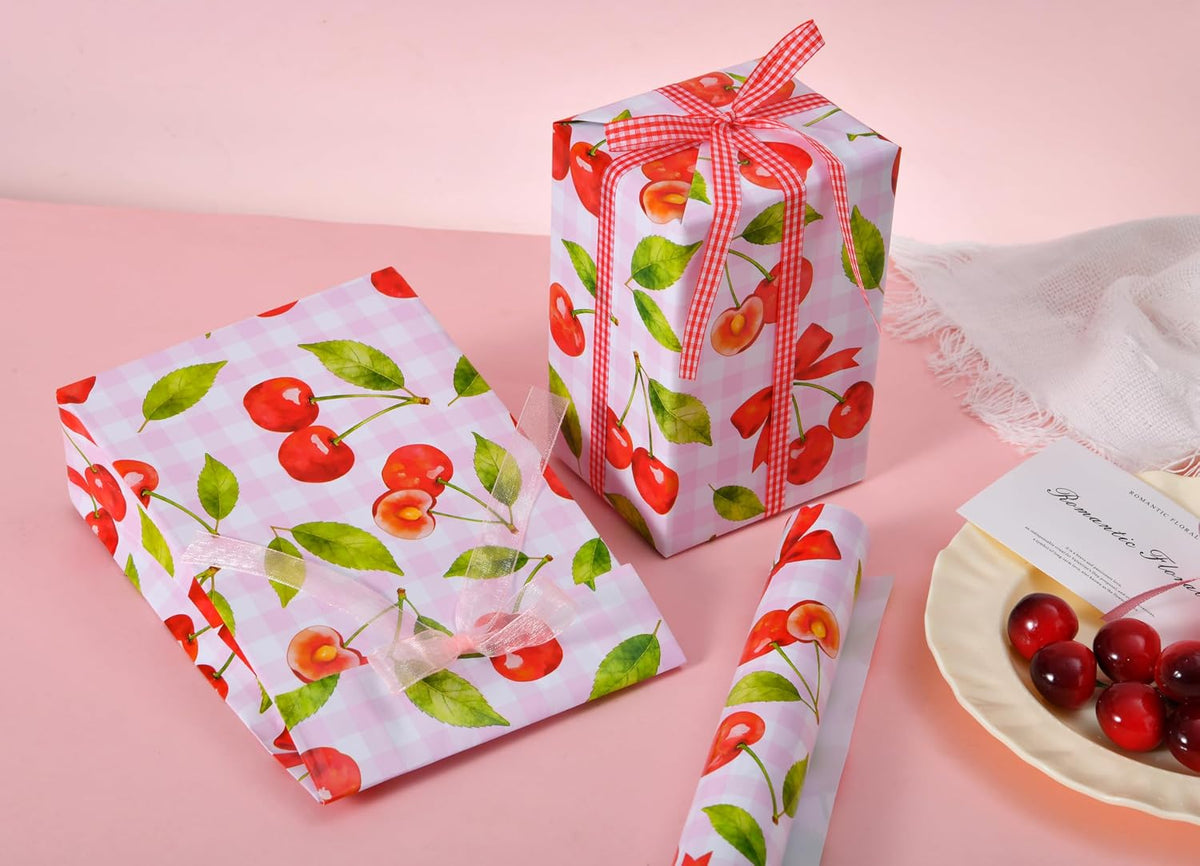 Cherry Wrapping Paper Roll - 17" x 16.5 ft - Pink Gingham with Red Cherries and Bows - Gift Wrap for Birthday, Party, Baby Shower, Sweet Themes(Cherry)