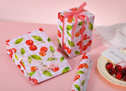 Cherry Wrapping Paper Roll - 17" x 16.5 ft - Pink Gingham with Red Cherries and Bows - Gift Wrap for Birthday, Party, Baby Shower, Sweet Themes(Cherry)