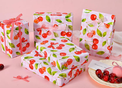 Cherry Wrapping Paper Roll - 17" x 16.5 ft - Pink Gingham with Red Cherries and Bows - Gift Wrap for Birthday, Party, Baby Shower, Sweet Themes(Cherry)