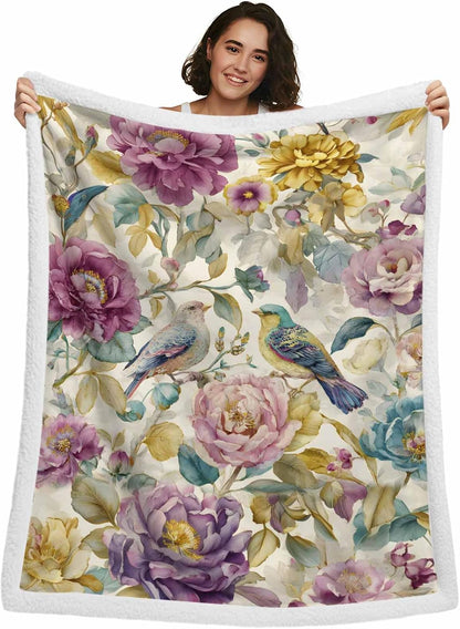 Spring Flowers Throw Blanket Vintage Pink Purple Flower Bird Waterproof Leaf Super Soft Warm Flannel Fleece Blanket - Lightweight&Breathable for Bed Sofa Couch Camping Chair 39"x49"